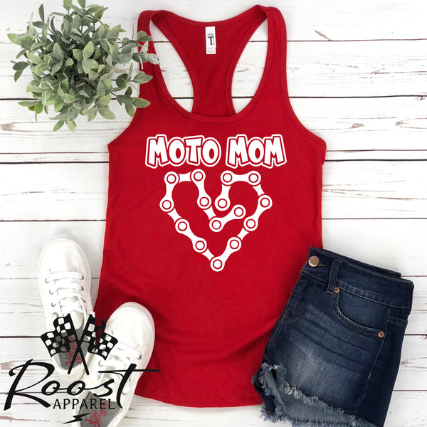 Moto Mom With Dirt Bike Chain Heart Racerback Tank or Muscle Tank