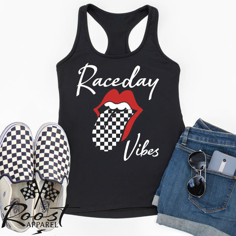 Raceday Vibes With Checkered Tongue Racerback Tank or Muscle Tank