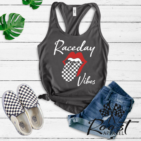 Raceday Vibes With Checkered Tongue Racerback Tank or Muscle Tank