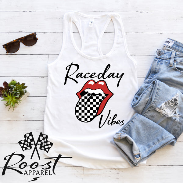 Raceday Vibes With Checkered Tongue Racerback Tank or Muscle Tank