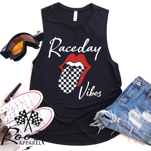 Raceday Vibes With Checkered Tongue Racerback Tank or Muscle Tank