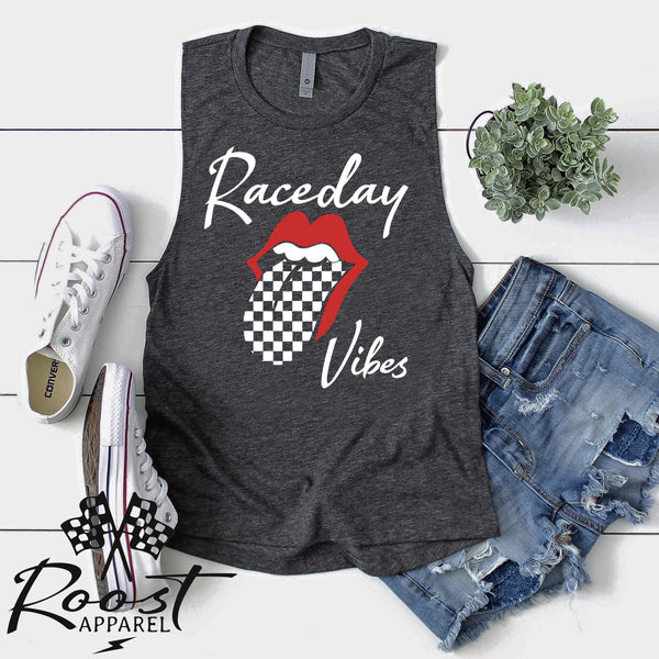 Raceday Vibes With Checkered Tongue Racerback Tank or Muscle Tank