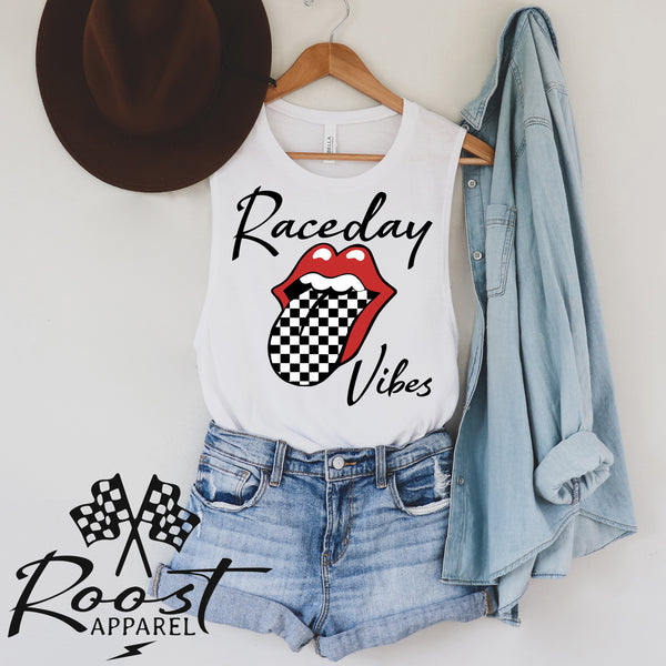 Raceday Vibes With Checkered Tongue Racerback Tank or Muscle Tank