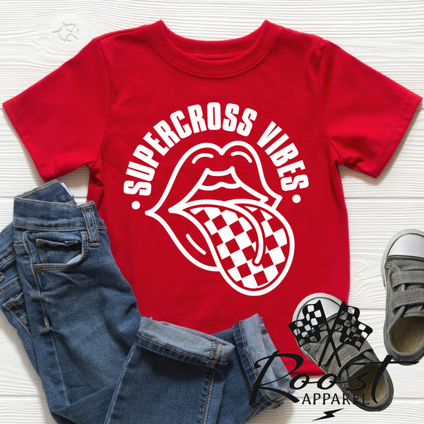 Supercross Vibes With Checkered Tongue Race Kids Shirt in Baby, Toddler or Youth Sizes